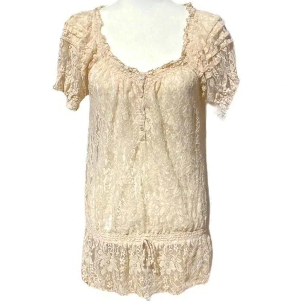 NY Collection‎ Size Small Sheer Lace Feminine Peasant Blouse Short Sleeve​​​